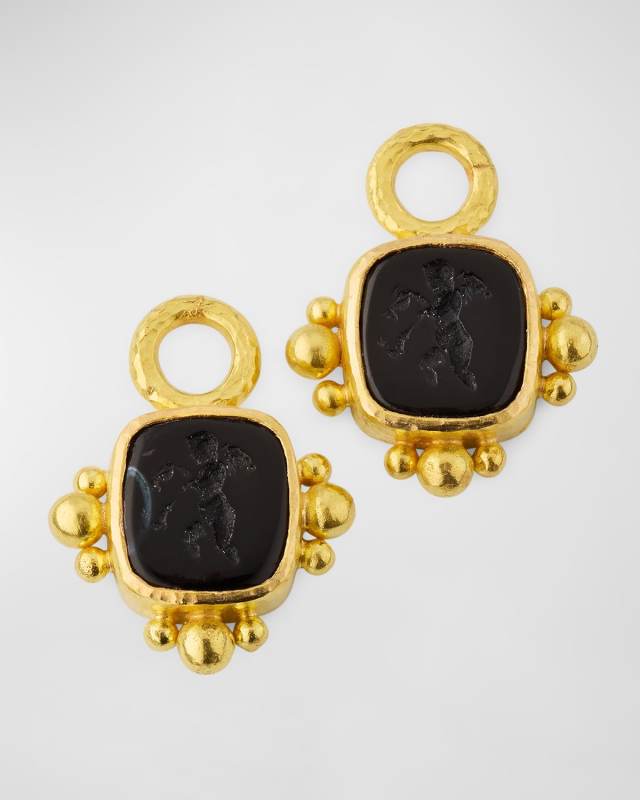 19K Yellow Gold Venetian Glass Intaglio Square Putto Earring Pendants with Astra Granulation, Black